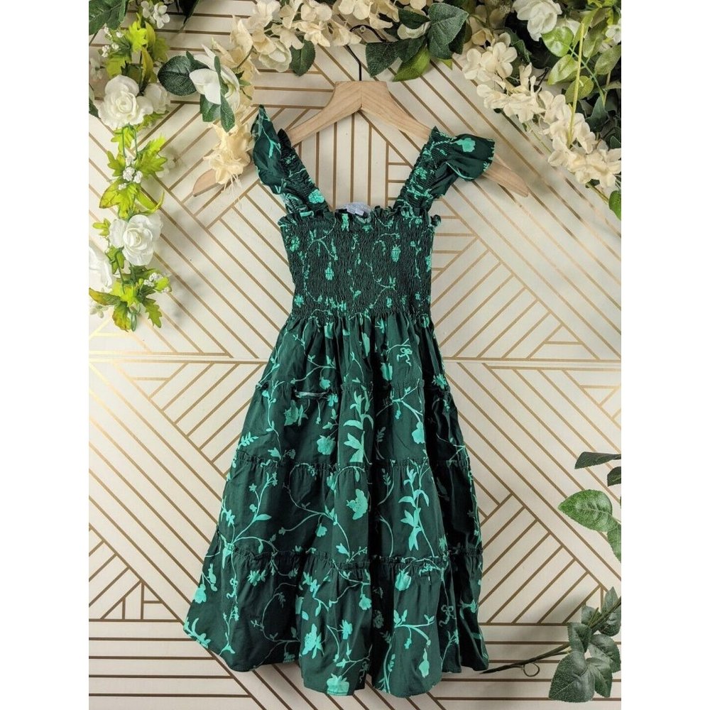 Hill House Little Girls Nap Dress Green Floral Tiered Size 7/8